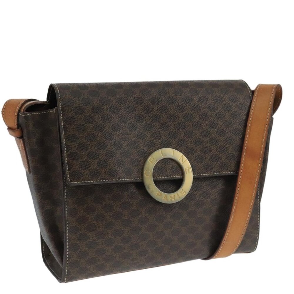 Authentic CELINE Macadam Canvas Shoulder Bag PVC Leather Brown Gold